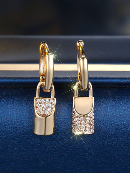 Champagne Gold Round White Diamond Lock Eardrops