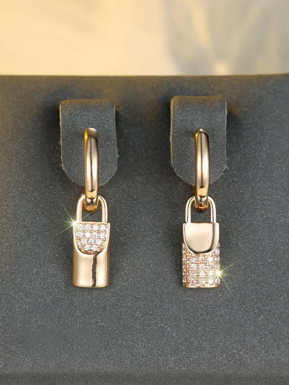 Champagne Gold Round White Diamond Lock Eardrops